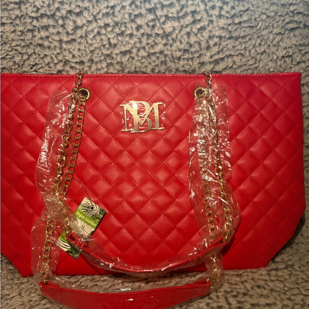 Badgley Mischka Quilted Red Shoulder Tote with Gold Chain Trim